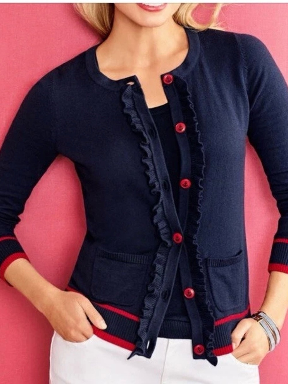 Talbots Navy & Red Cardigan Size Medium Like New